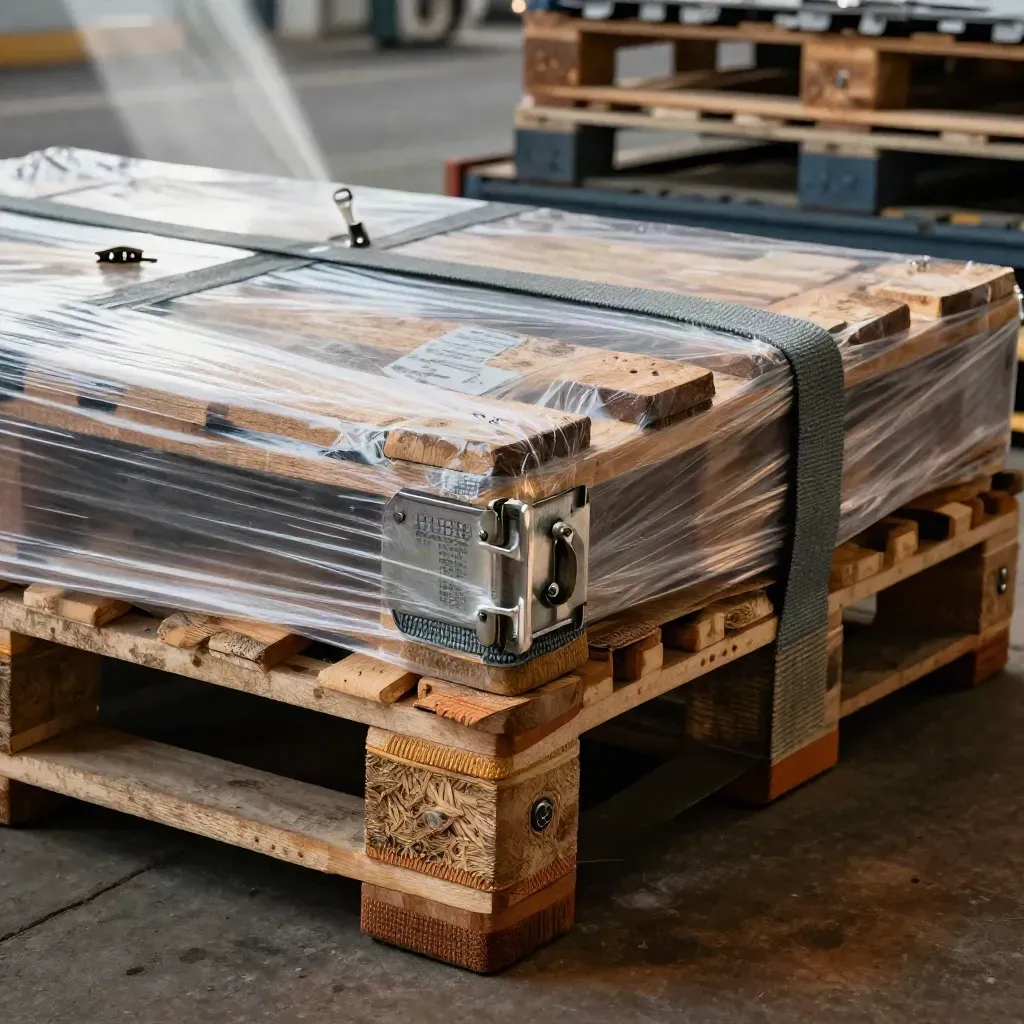 Extreme macro of freight pallets, straps, corner boards and dock gear in warm warehouse light.