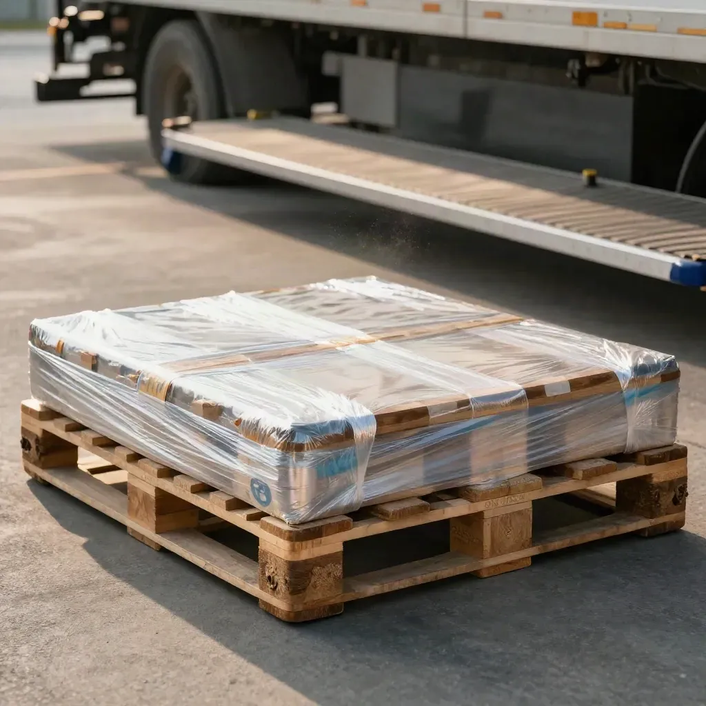 Wrapped euro pallet by a dock plate in warm warehouse light, ready for trailer loading.