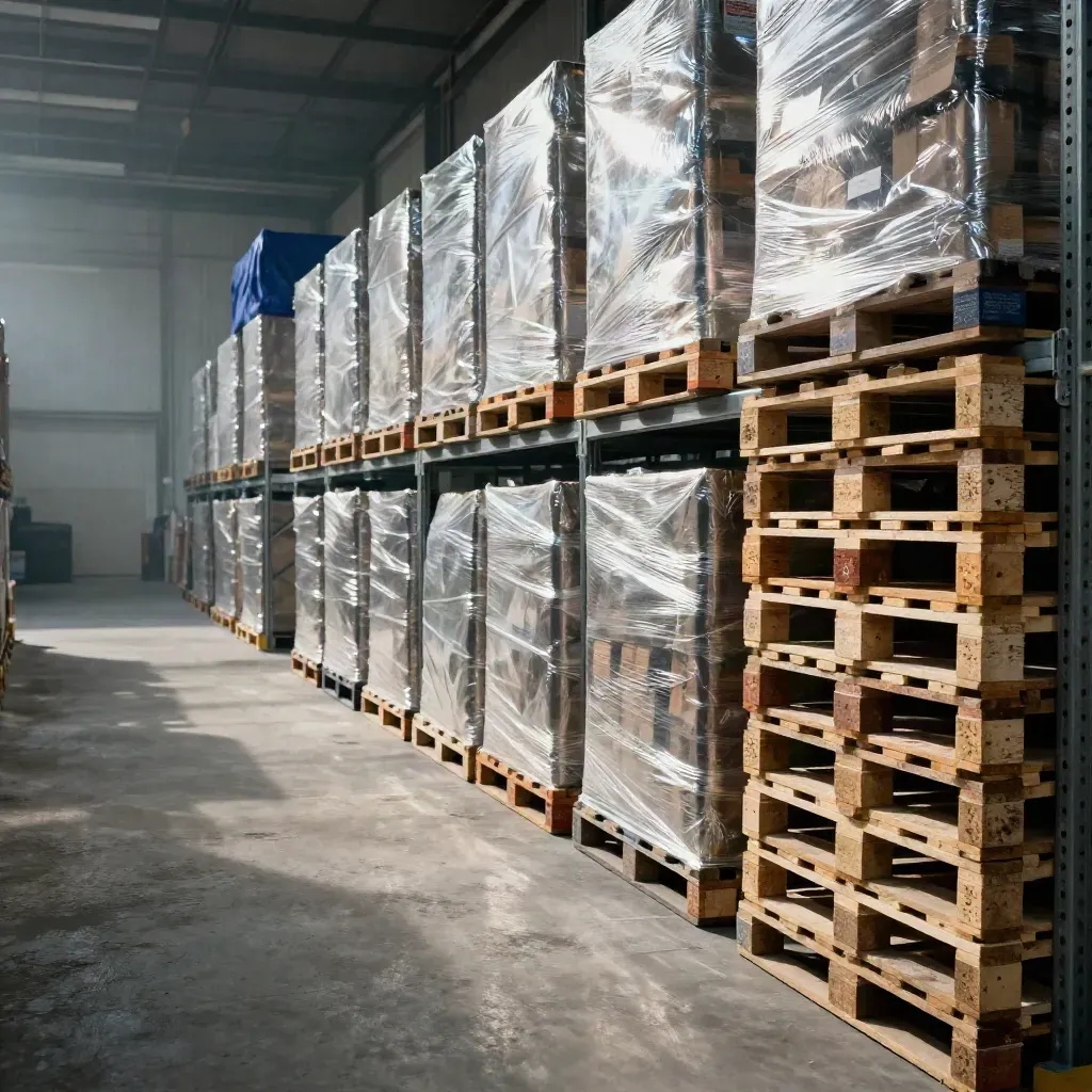 Overflow pallets and open warehouse lane showing peak-season stock held in reserve.