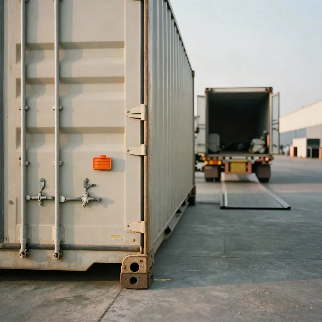 Sealed export container corner at a dock with orange customs seal and waiting trailer bay.