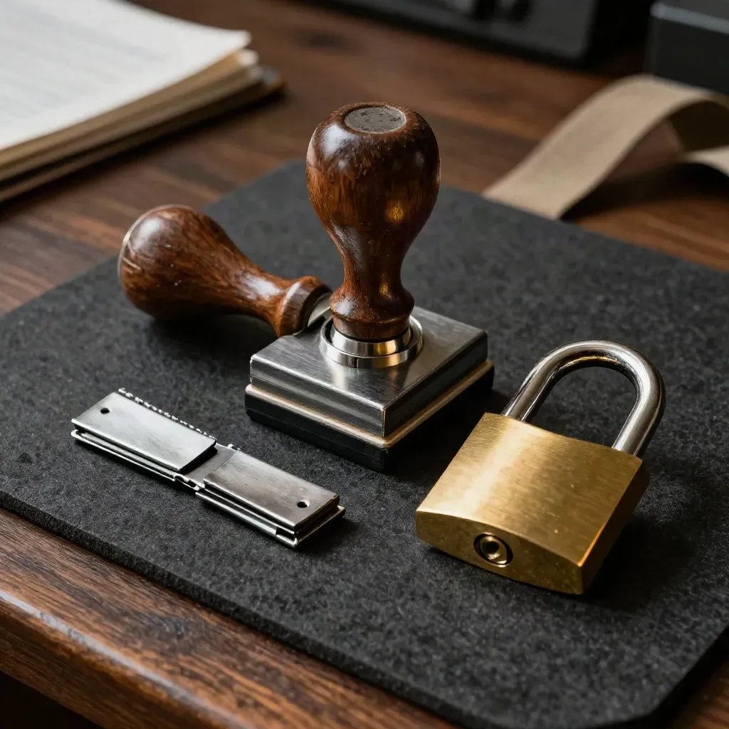 Customs stamp, seal press, inspection clips and brass padlock on a dark packing bench