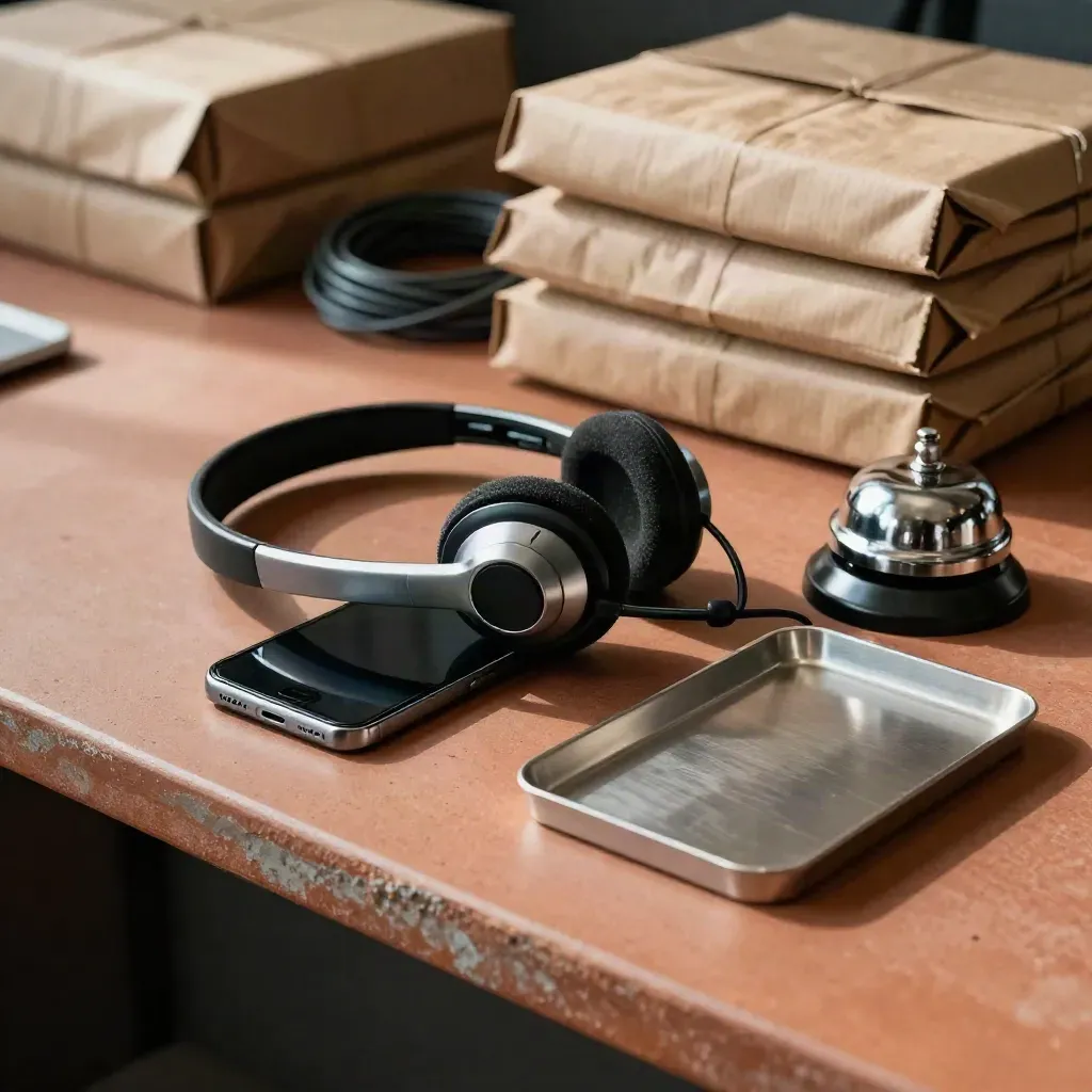 Headset cradle, phone, bell and tray on a terracotta freight desk, softly lit.