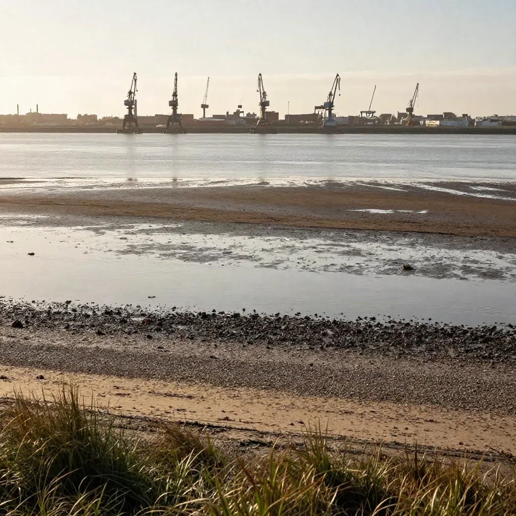 Tilbury estuary with distant cranes, calm shoreline and warm hazy light